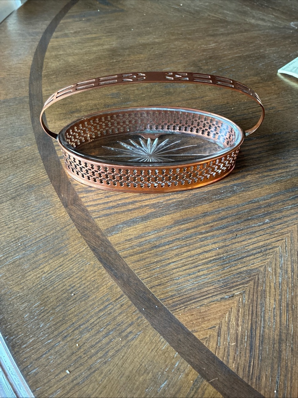 Vintage Art Deco Manning Bowman Copper Basket Oval Relish Dish Glass Insert
